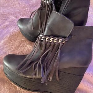 Sbicca Gray Fringe Wedge Boots